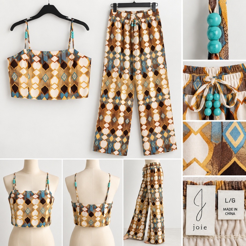 Joie Linen Blend 2 Piece Set Brown Blue Geometric Crop Top Wide Leg Pants L
